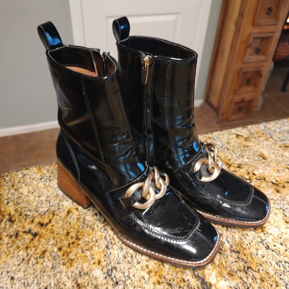 Steve Madden Loreen Black Patent Chunky Heel Gold Chain Mid Calf Boot Sz 8.5M - Picture 2 of 12